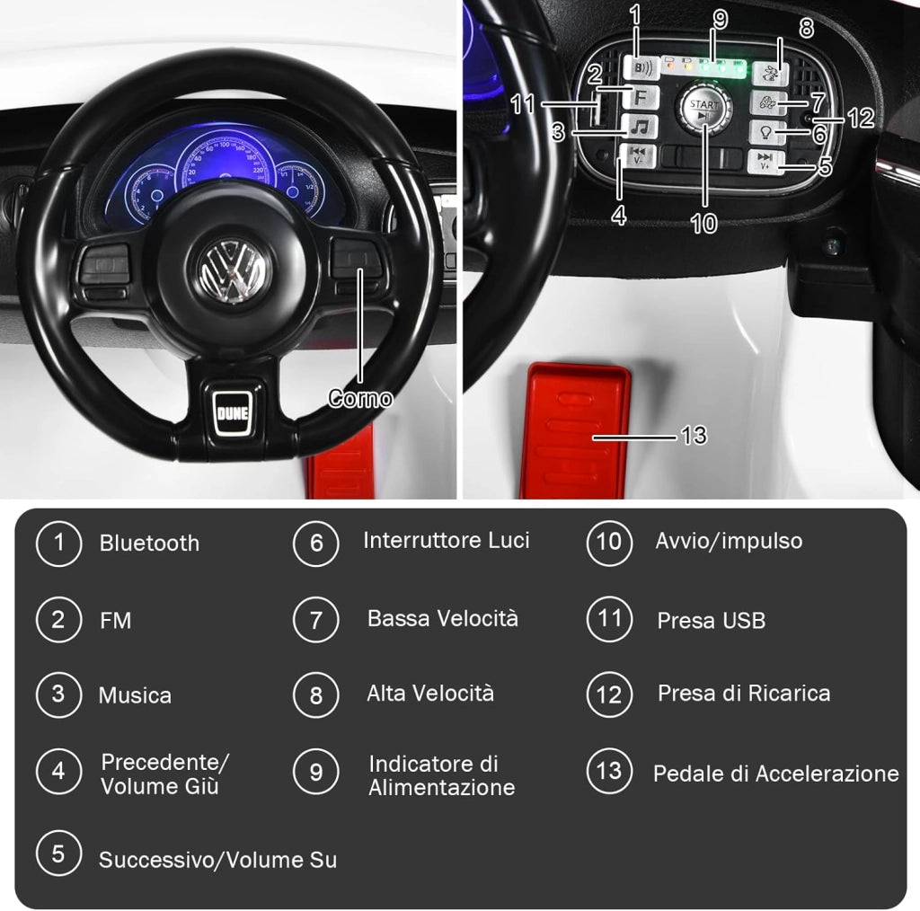 12V Volkswagen Macchina Elettrica per Bambini, Auto Elettrica con Telecomando Luci Musica Doppia Porta, 5km/h Carico 30kg, per Bambini 3-8 Anni (Bianco)