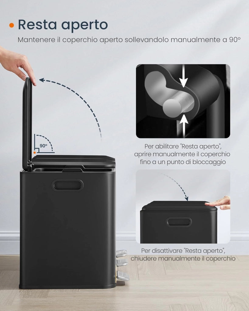 Cestino da Cucina Tripla, Pattumiera per Raccolta Differenziata 3 x 15 L con Pedali Colorati, Raccolta Differenziata, Coperchio e Secchi Interni, Acciaio, Nero Inchiostro