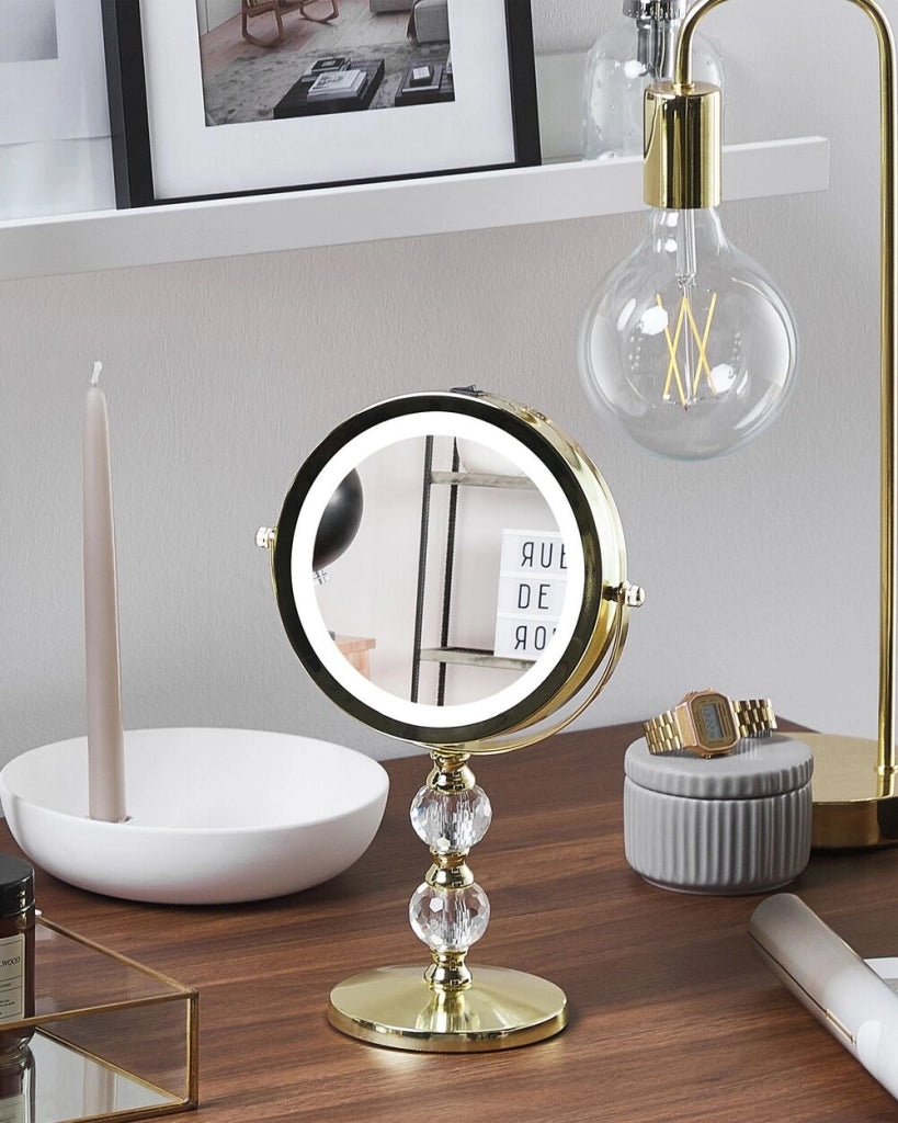 Specchio da tavolo double face per trucco a LED metallo dorato ø 13 cm 1x / 5x