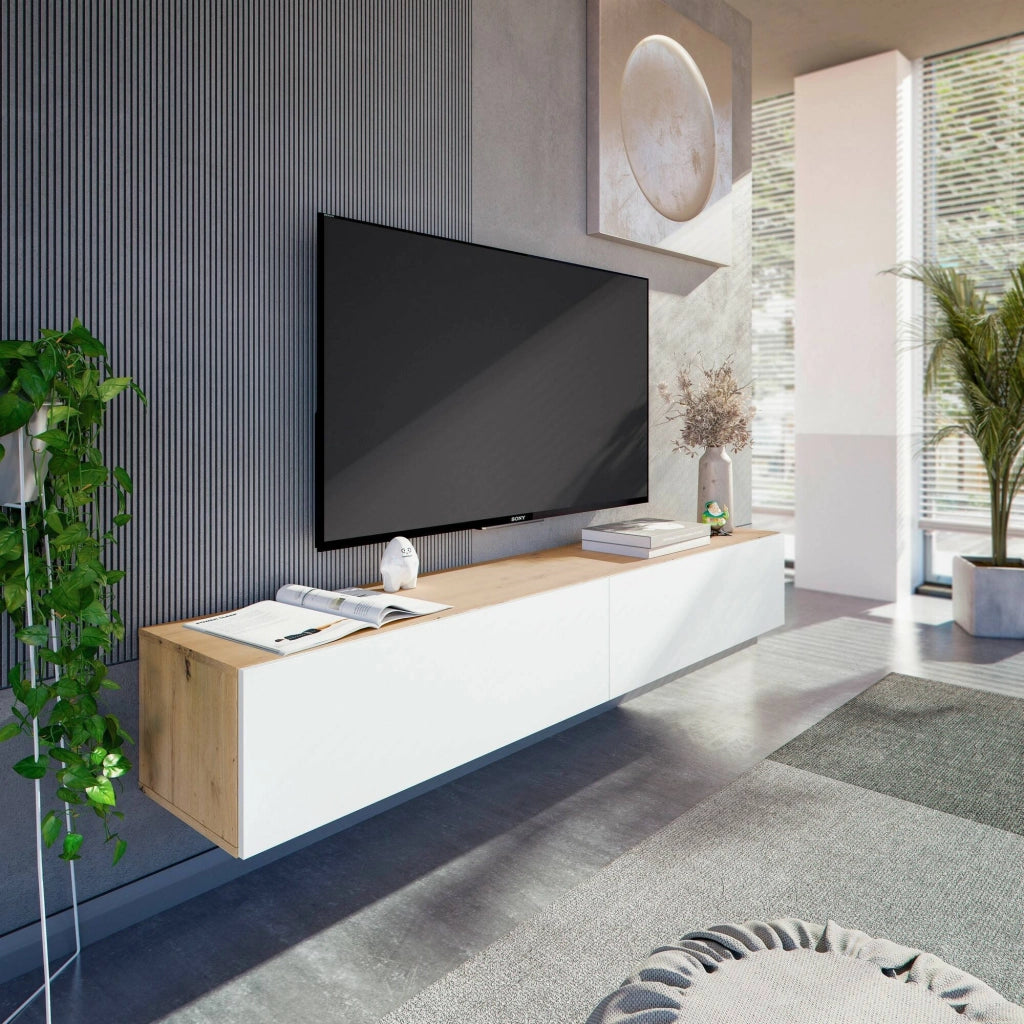 Mobile porta TV Senectus, Porta TV a 2 ante, Mobile sospeso soggiorno, 180x35h28 cm, Rovere Nodi e Bianco lucido