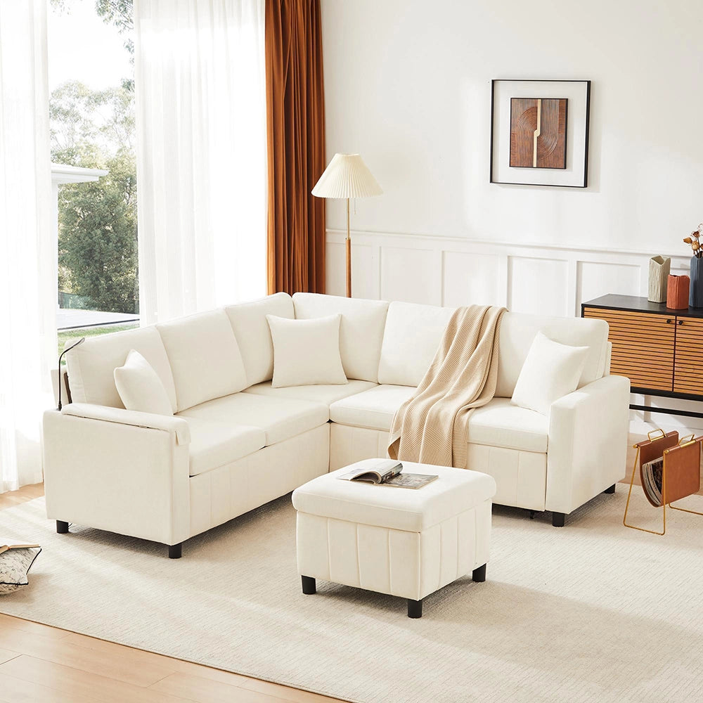 Divano letto angolare in velluto - Xylo - 205x205x85 cm - Beige - Con pouf, luce, USB, tavolo nascosto