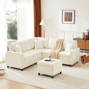 Divano letto angolare in velluto - Xylo - 205x205x85 cm - Beige - Con pouf, luce, USB, tavolo nascosto