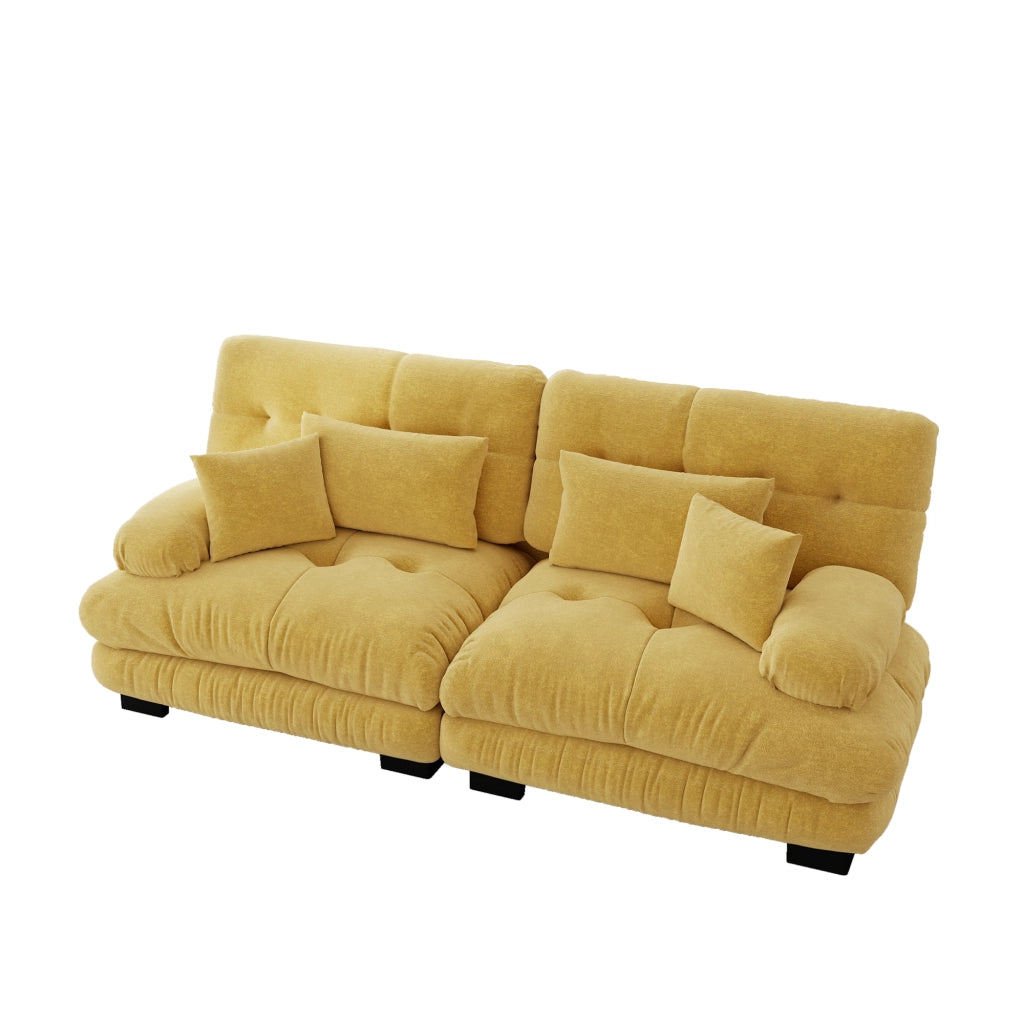 Divano angolare modulare in ciniglia con cuscini lombari e decorativi, schienale ergonomico giallo 220 × 77 × 81 cm