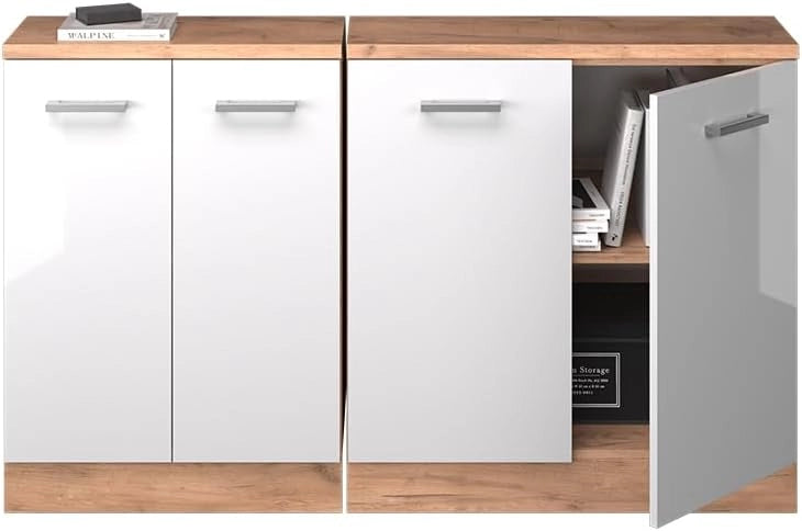Set di mobili sottotetto Rion, Bianco lucido, 140 cm Set di 2 carcasse armadio profondità 60 cm, adatto per il salvaspazio sotto tetti spioventi