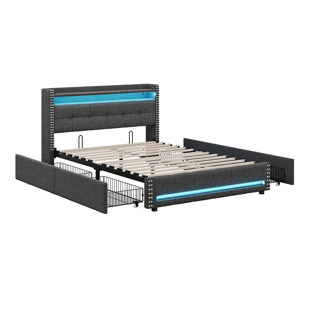 Letto imbottito 160x200 cm - Xylo - Grigio - Luci LED, 4 cassetti, presa USB