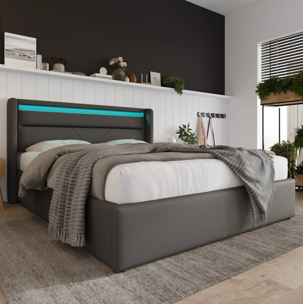 Letto matrimoniale contenitore 140x200 cm in PU grigio con testiera LED e rete sollevabile