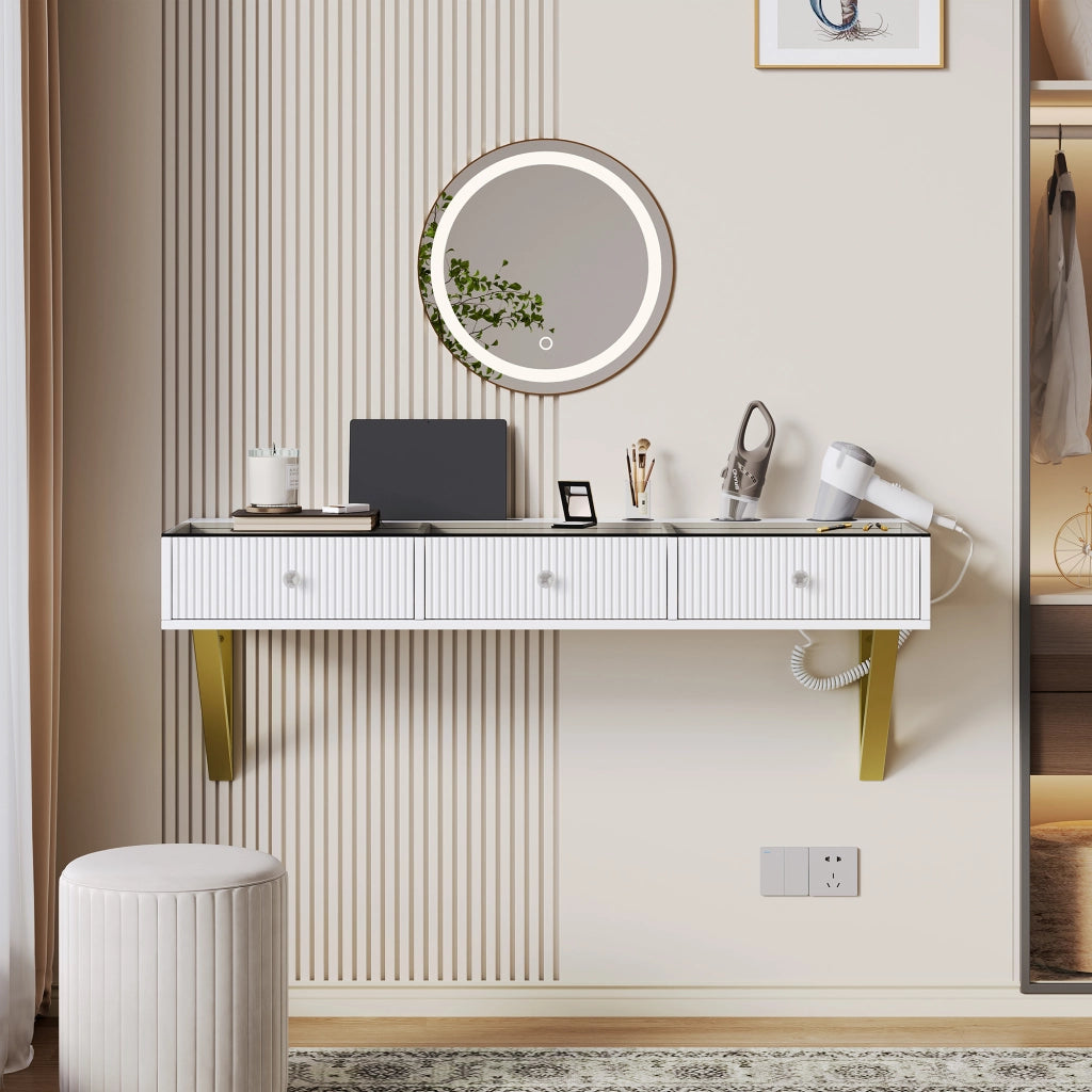 Toeletta sospesa con 3 cassetti, piano in vetro, bianco, 120¡Á40¡Á45 cm