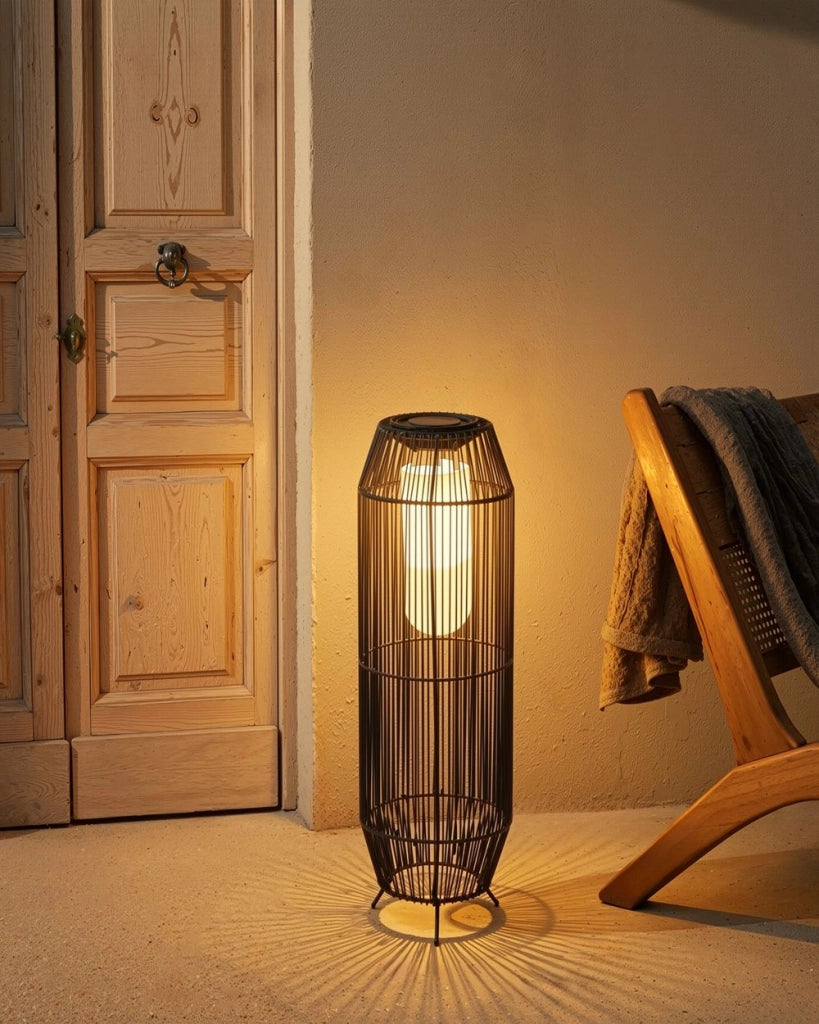 Lanterna solare da esterno Nero Materiale sintetico Paralume intrecciato LED Giardino Patio A basso consumo energetico