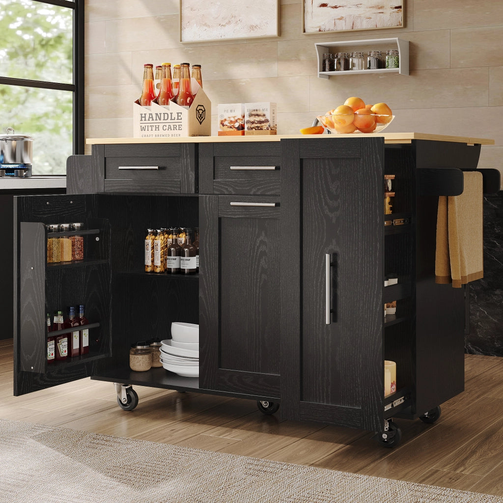 Carrello da Cucina con Piano Ribaltabile e Vani Contenitivi Estensibili con Ruote per Cucina in MDF Nero