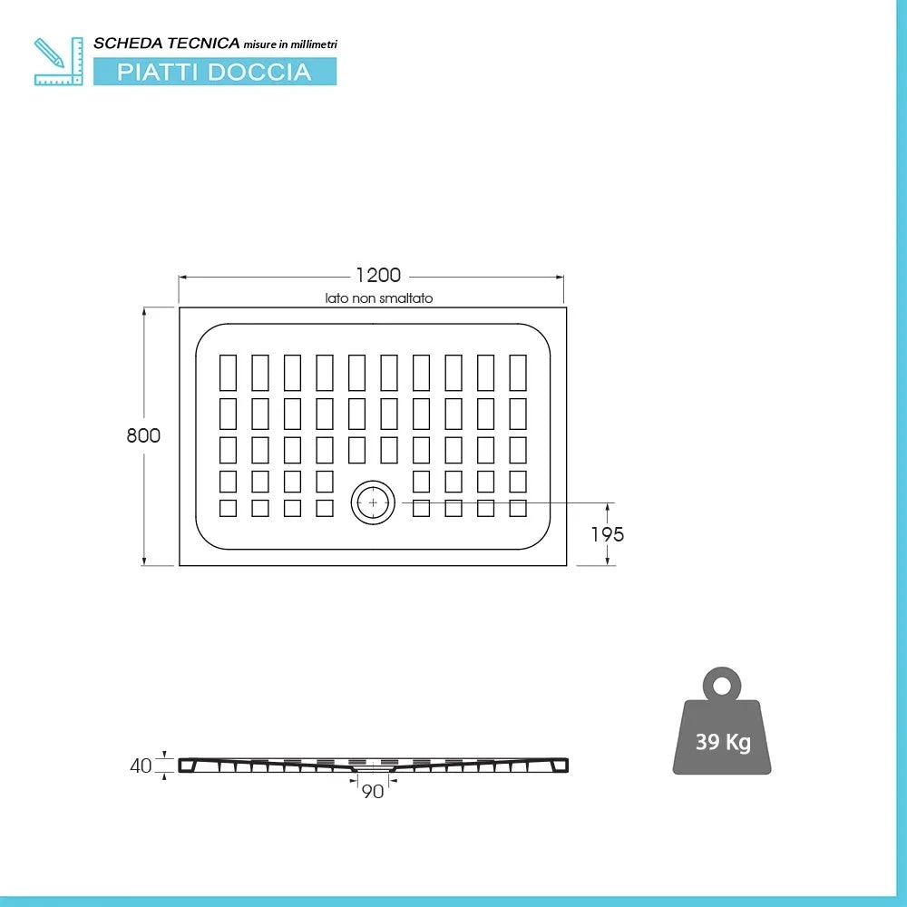 Piatto doccia 80x120 H 4 rettangolare in ceramica bianca con antiscivolo Cube