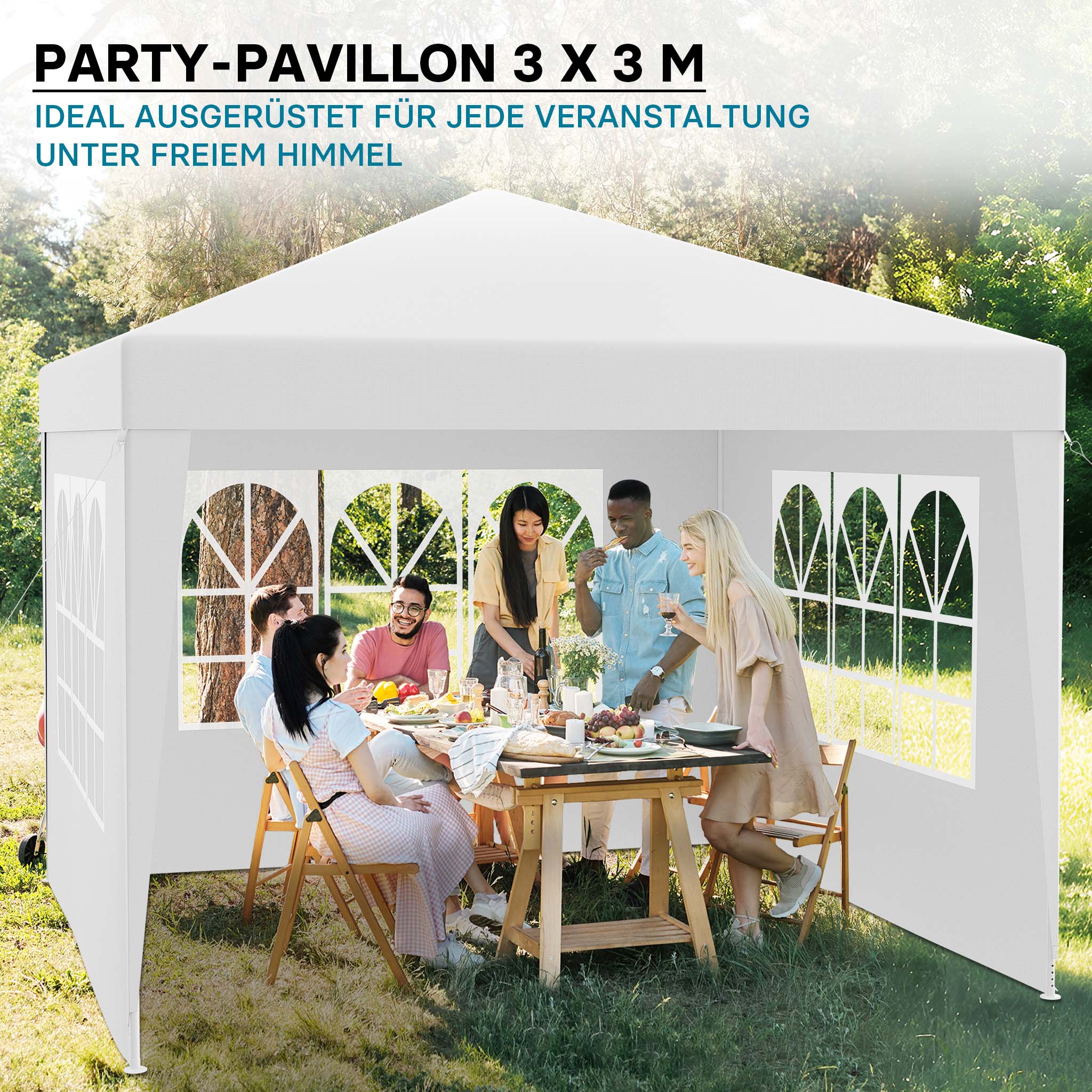Gazebo 3 x 3 m in bianco con protezione UV 50+, tendone da giardino con lati rimovibili, tenda da festa con finestre, ad esempio per terrazze e festival