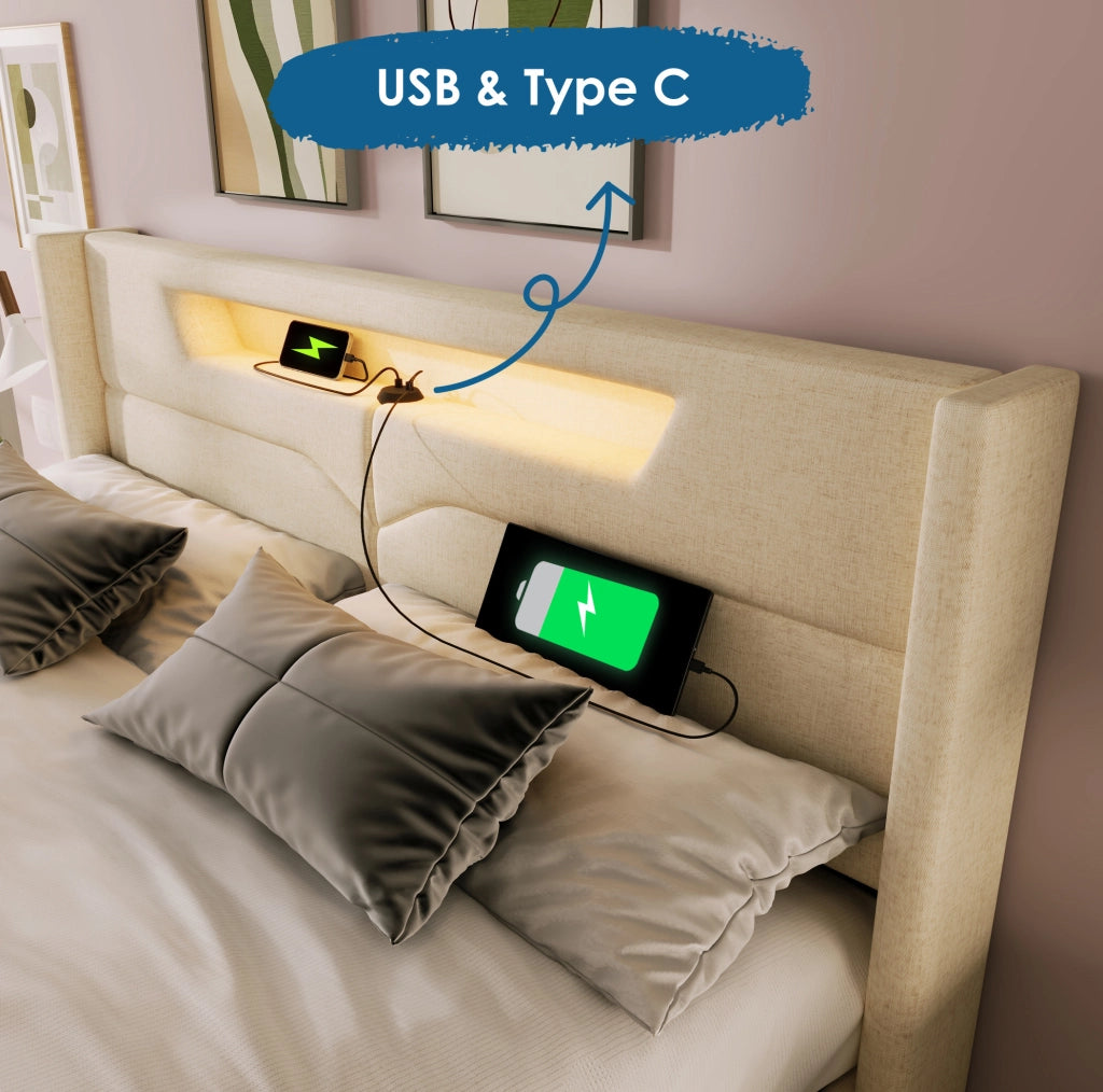 Letto matrimoniale 140x200 in lino beige con LED; USB Type-C e contenitore