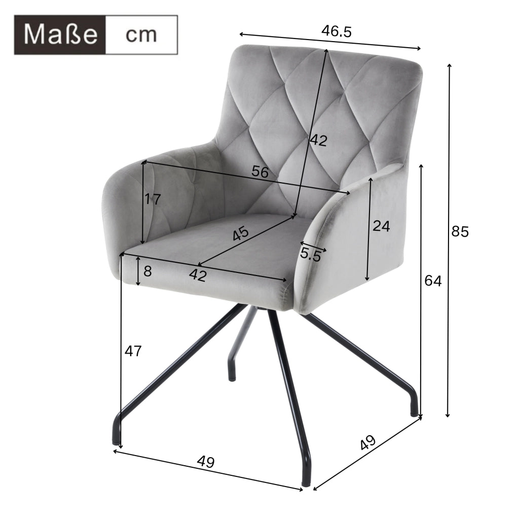 Set di 6 sedie imbottite in velluto con braccioli e gambe in metallo; grigio chiaro