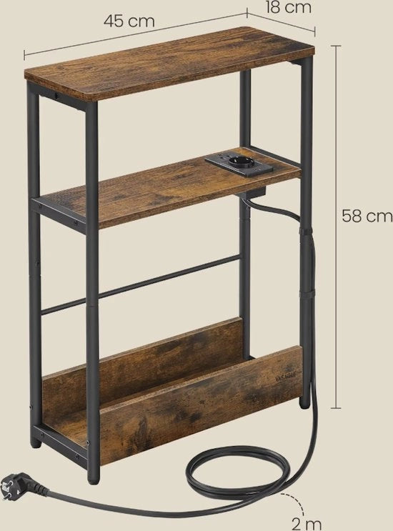 Tavolo supplementare - Tavolo da soggiorno - Tavolo finale - Tavolo da caffè - Cuscino da lettura - Con presa di corrente e USB - Industriale - Legno e metallo - Moka/nero - 18x45x58cm