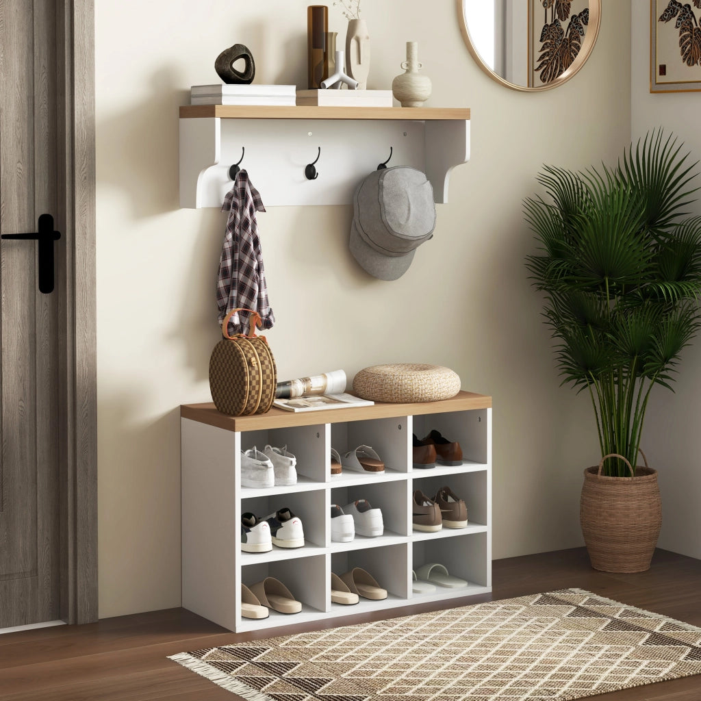 Mobile ingresso 2-in-1 appendiabiti panca portascarpe ¨C Xylo ¨C 9 scomparti 3 ganci bianco rovere 75x30x50cm
