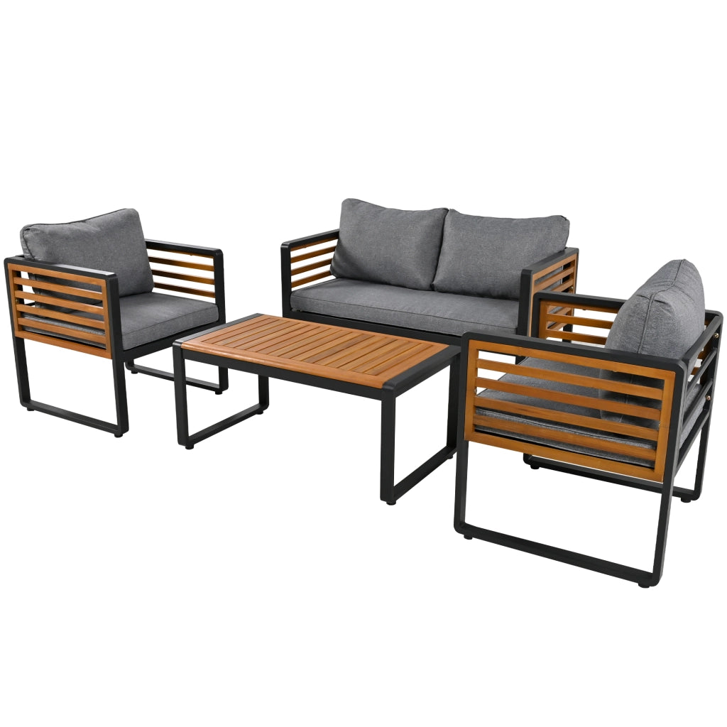 Set Salotto da Giardino 4 Pezzi con Divano, Sedie e Tavolo ¨C MINIMAL ¨C Grigio, Acciaio, Braccioli in Legno