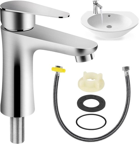 Valvola di scarico per bagno e toilette per ospiti - acciaio inossidabile - lavabo - rubinetto da acqua fredda - tubo di connessione 60 cm