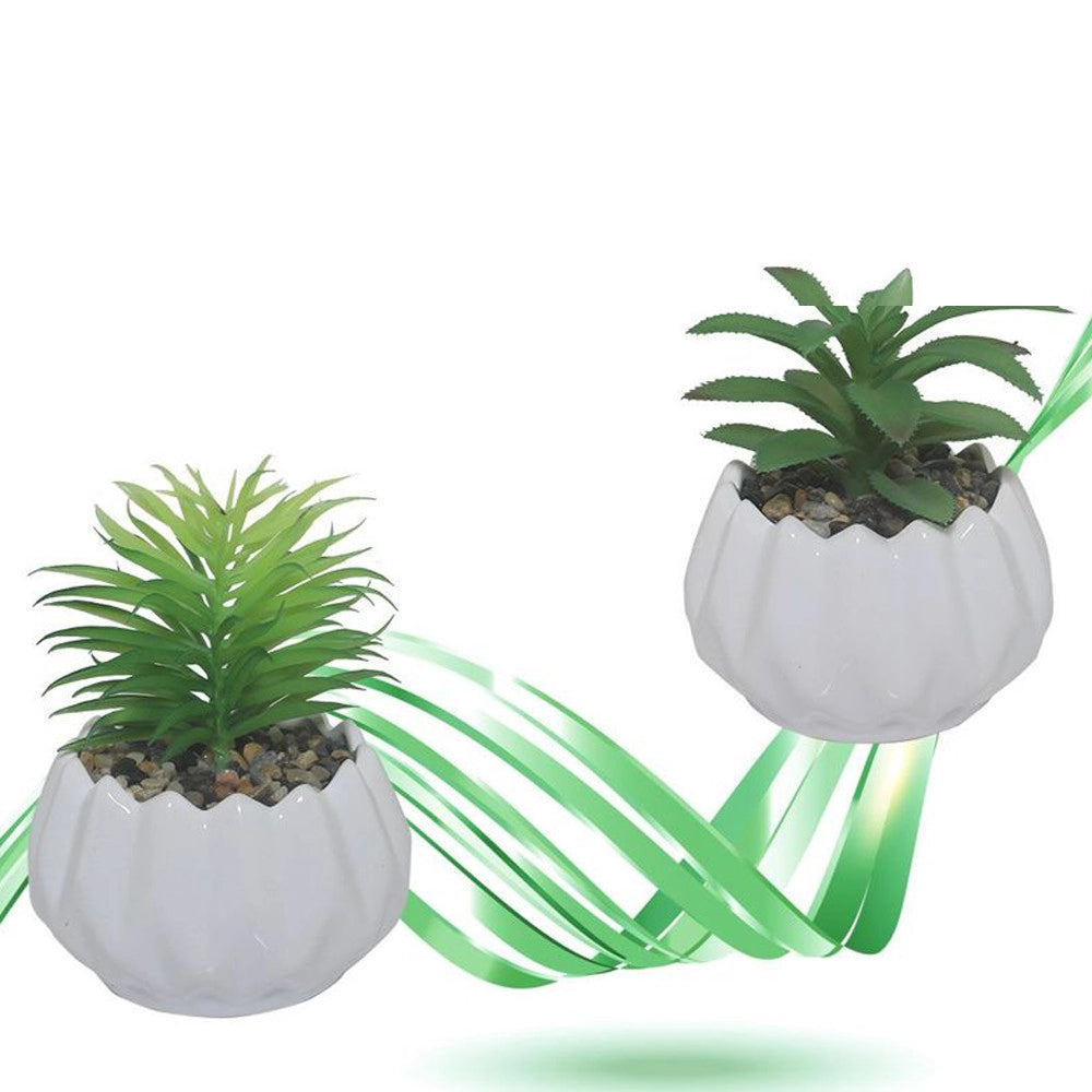 Trade Shop - Vaso In Ceramica Con Piantina Artificiale Pianta Idea Regalo Bomboniera 14x19 Cm -