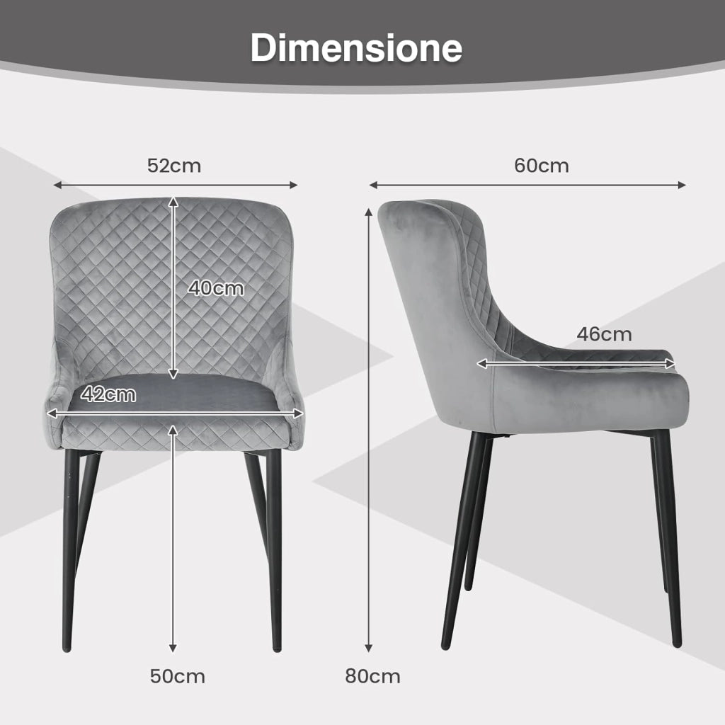 Set di 2 Sedie da Pranzo in Velluto, Sedie Imbottite da Cucina con Gambe in Metallo e Piedini Regolabili, Sedie Senza Braccioli Moderne per Soggiorno Cucina Bar, 60 x 52 x 80 cm, Grigio