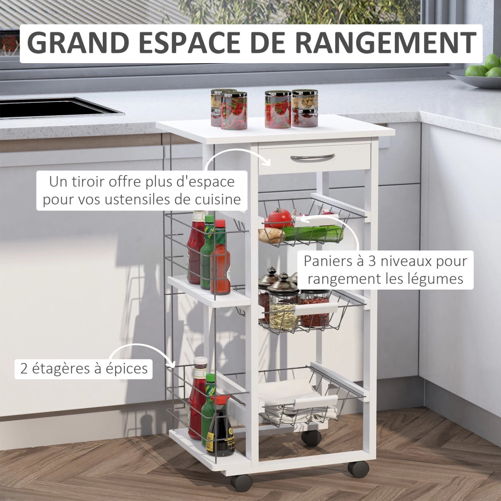 Carrello da cucina con ruote e 3 cestelli ¨C zephmum ¨C metallo, legno di pino, bianco