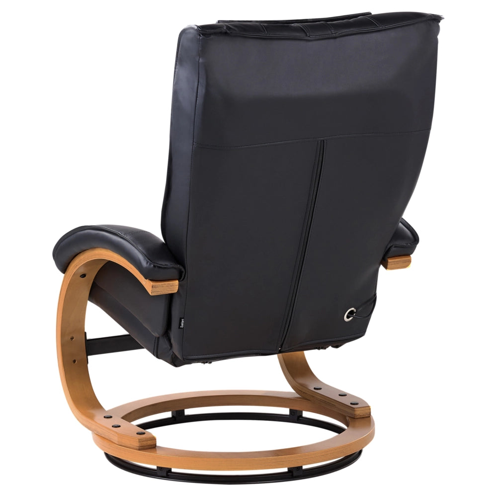 Poltrona reclinabile nera con poggiapiedi in ecopelle imbottita struttura in legno riscaldamento funzione massaggio design retrò