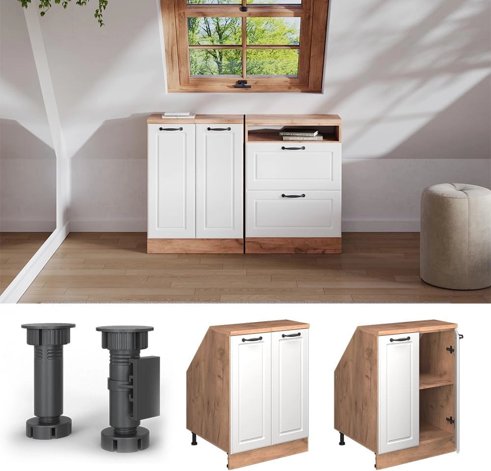 Mobile sottotetto Rion, Bianco casa di campagna, 60 x 81.6 cm con 2 porte, carcassa 60 cm profondità, adatto per il salvaspazio sotto tetti spioventi