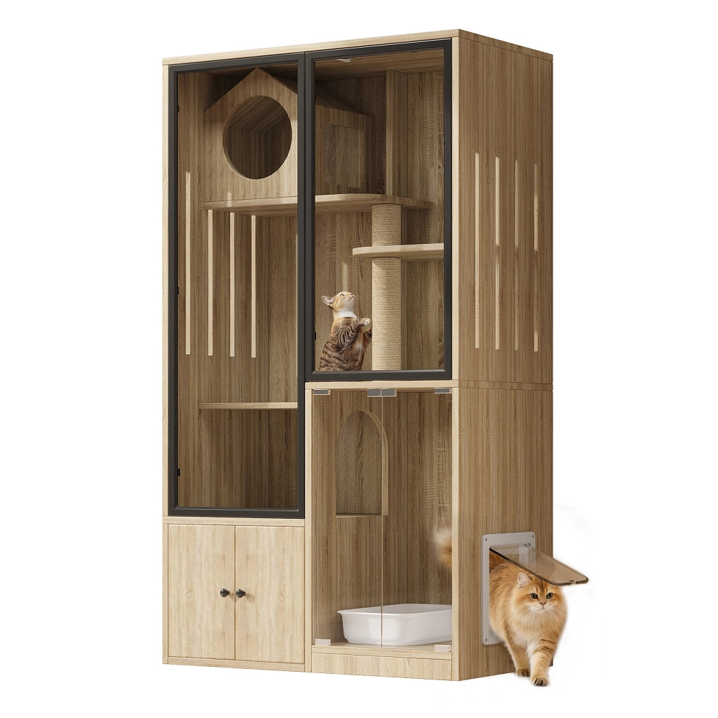 Villa per Gatti 90×50×160 cm con Porta Regolabile; Ripiani Multilivello; Tiragraffi e Vetro; Effetto Legno