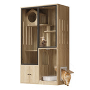 Villa per Gatti 90×50×160 cm con Porta Regolabile; Ripiani Multilivello; Tiragraffi e Vetro; Effetto Legno