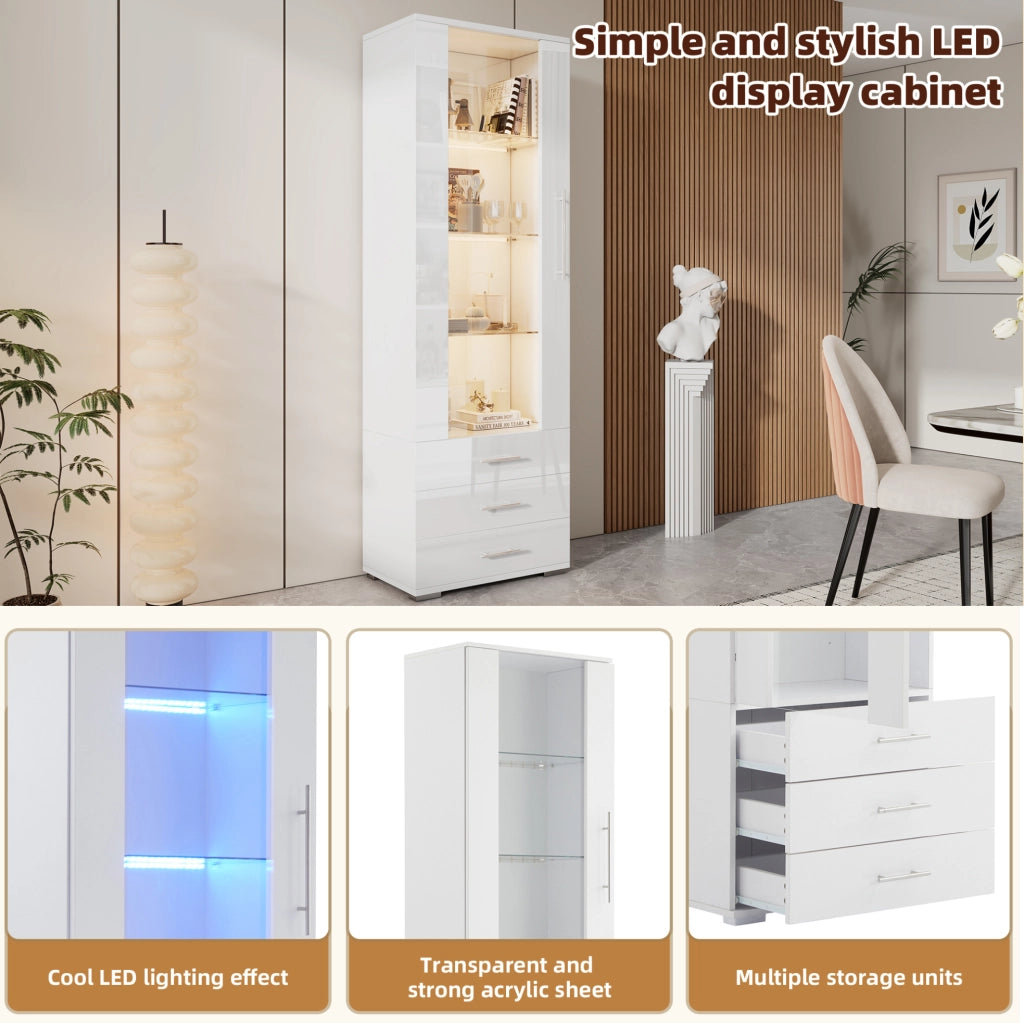 Vetrina verticale bianca 60 x 35 x 180 cm in MDF con LED controllato da app e 3 cassetti