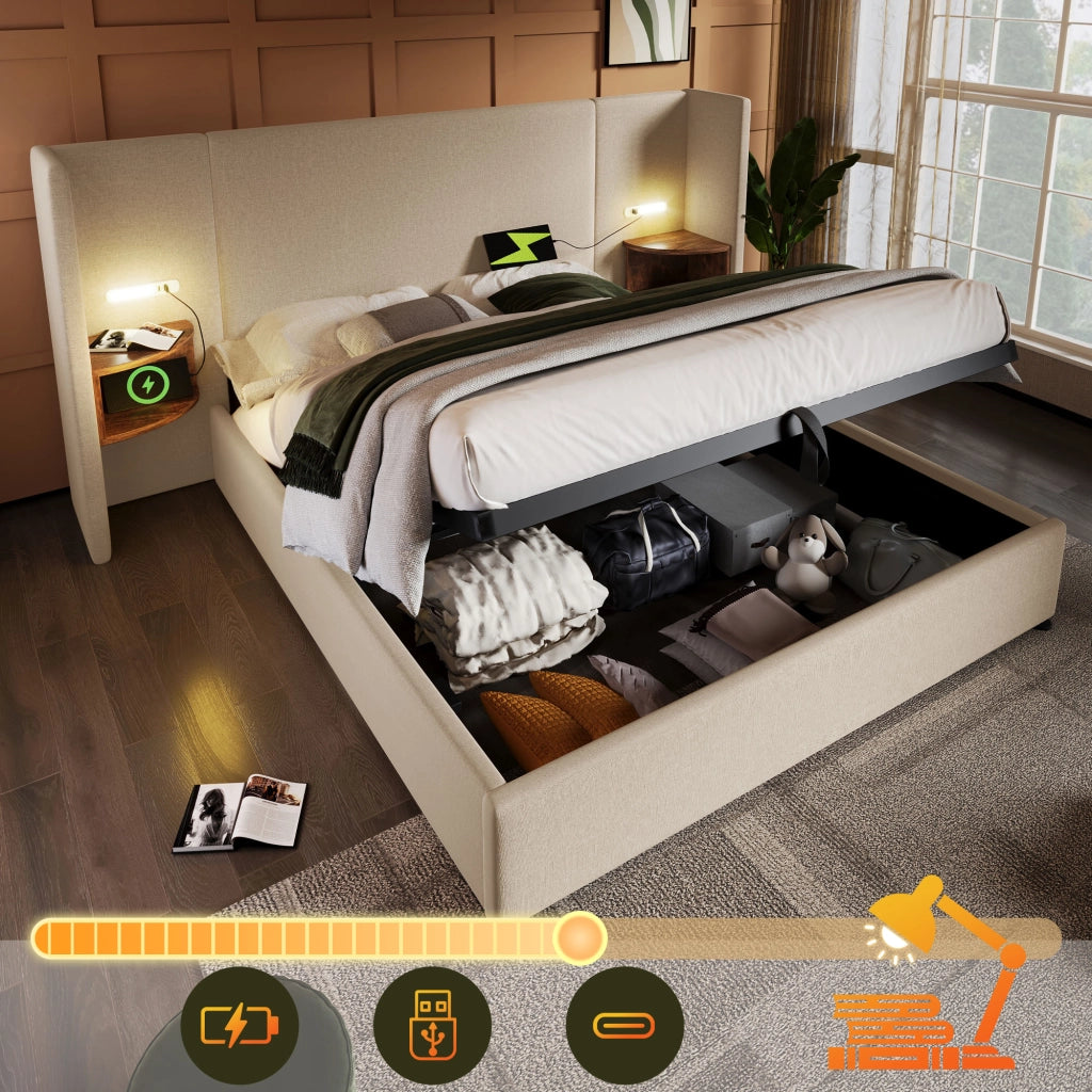 LETTO Contenitore 160x200 cm Beige in lino con testiera multifunzione