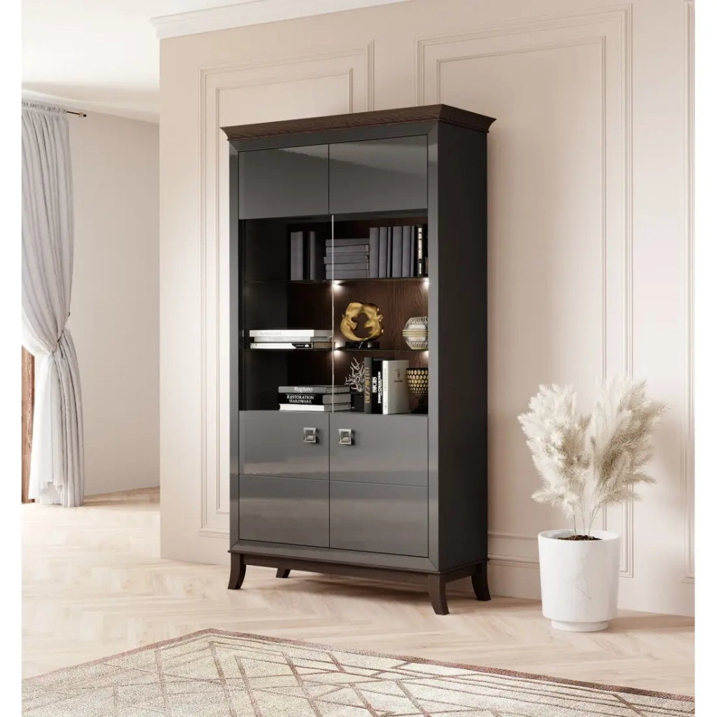 Vetrina design 2 porte collezione PALACE. Colori grigio e rovere scuro.