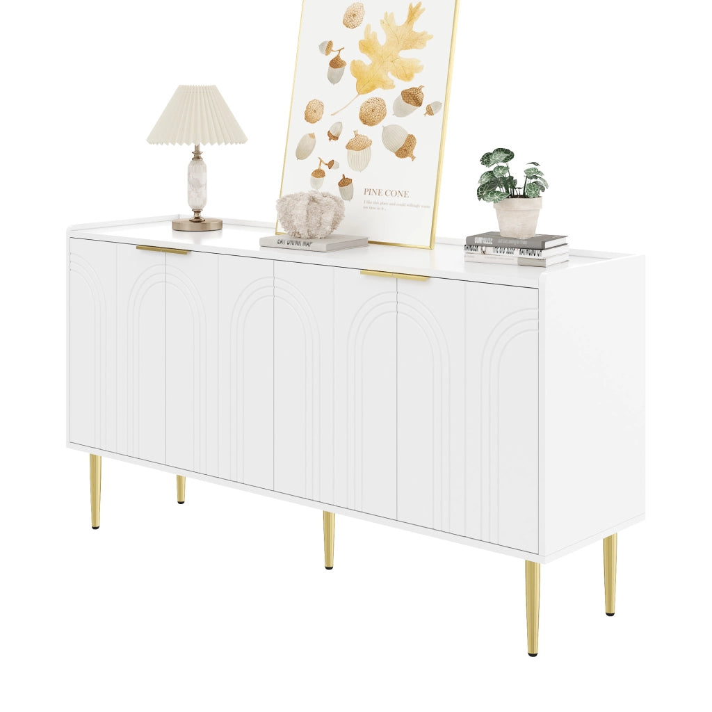 Credenza Bianca Moderna con 4 Ante; Mobile Buffet 140 cm in MDF con Gambe in Ferro Dorato