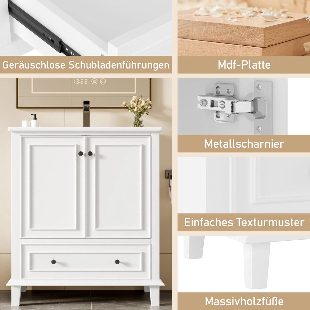 Mobile sottolavabo da bagno con lavabo in ceramica, 2 ante, 1 cassetto e ripiano regolabile, bianco, 76 × 46 × 87 cm