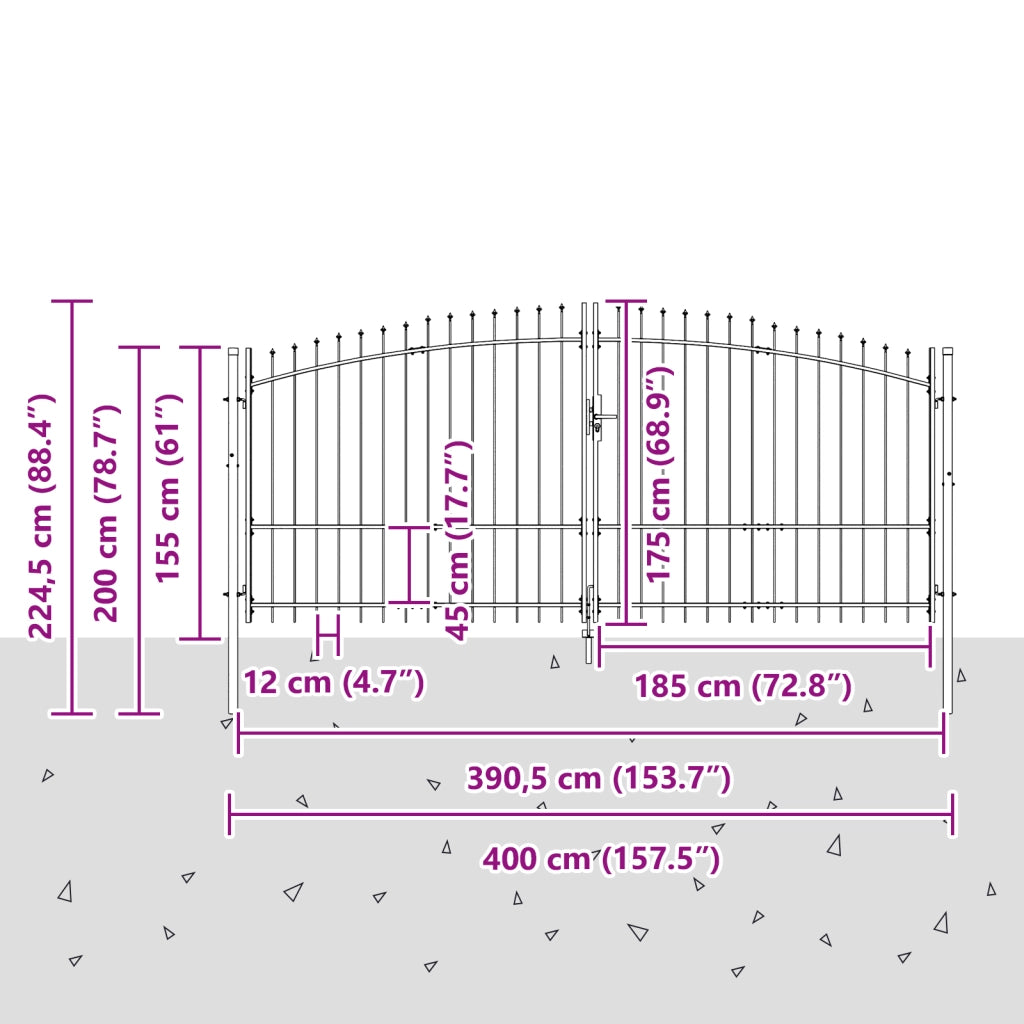 Cancello da Giardino con Punta a Lancia Doppio Battente Grigio 175x400 cm Acciaio
