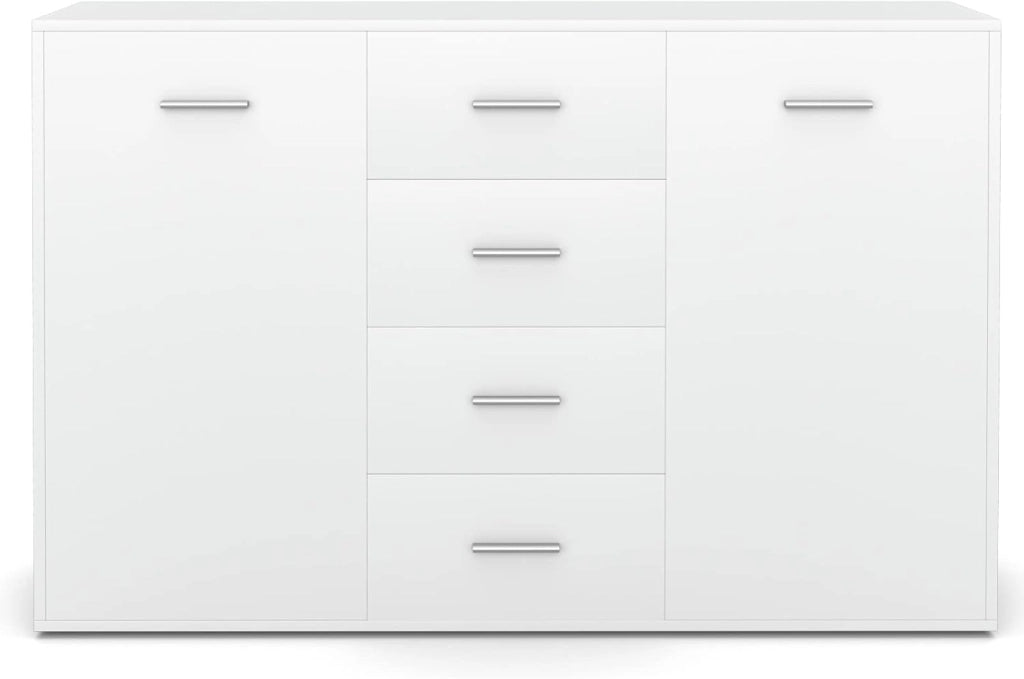 Armadio di Legno con 4 Cassetti e 2 Ante, Credenza Cassettiera di Stoccaggio con Ripiani Regolabili, Mobile Comò per Salone Camera da Letto Ingresso,123 x 34,5 x 82 cm (Bianco)