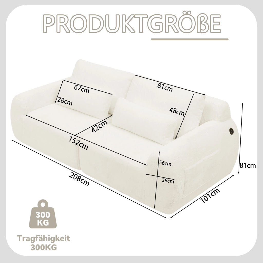 Divano a 2 posti con porte USB e tasca laterale in tessuto effetto pelliccia di coniglio per piccoli spazi beige