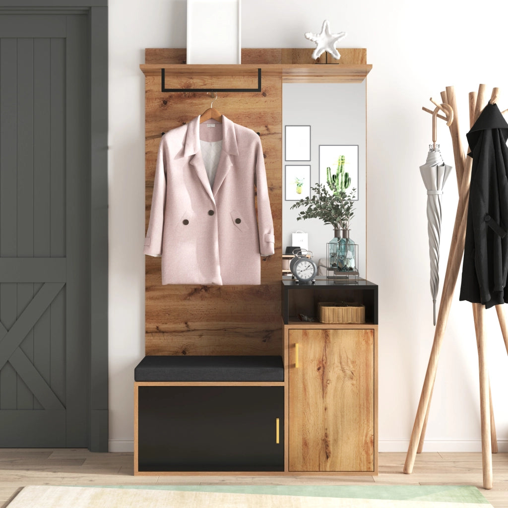 Set mobili da ingresso con specchio, panca scarpiera, appendiabiti da parete, 4 ganci, MDF nero