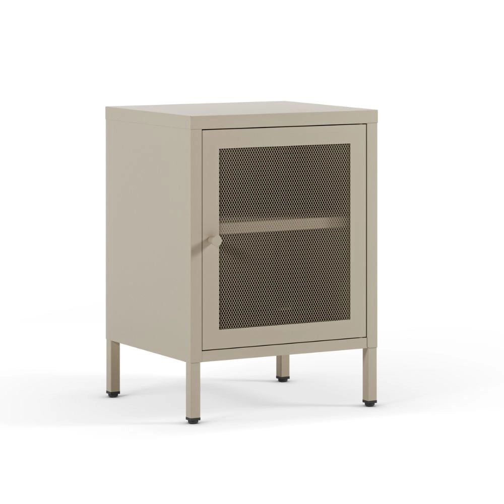 Comodino Fayna in metallo sabbia con anta reticolata 40x35x60H – Design industriale