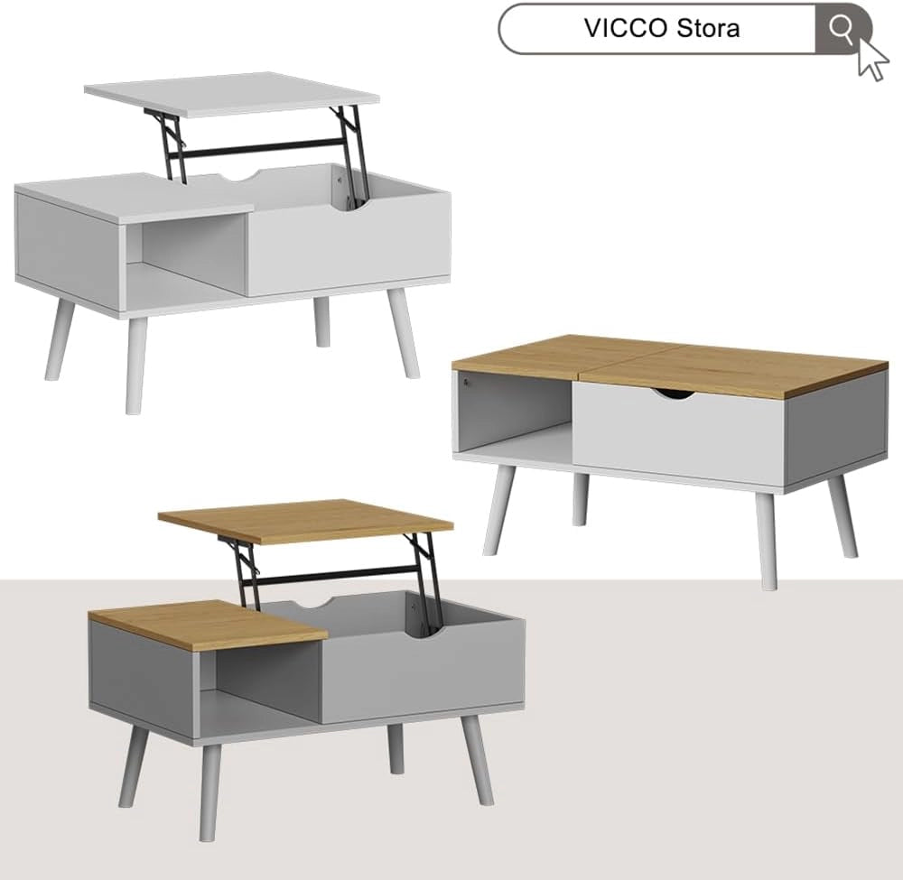tavolino soggiorno Stora, Bianco/quercia, 76 x 45 cm con funzione di sollevamento, piano del tavolo regolabile in altezza e vano portaoggetti aperto