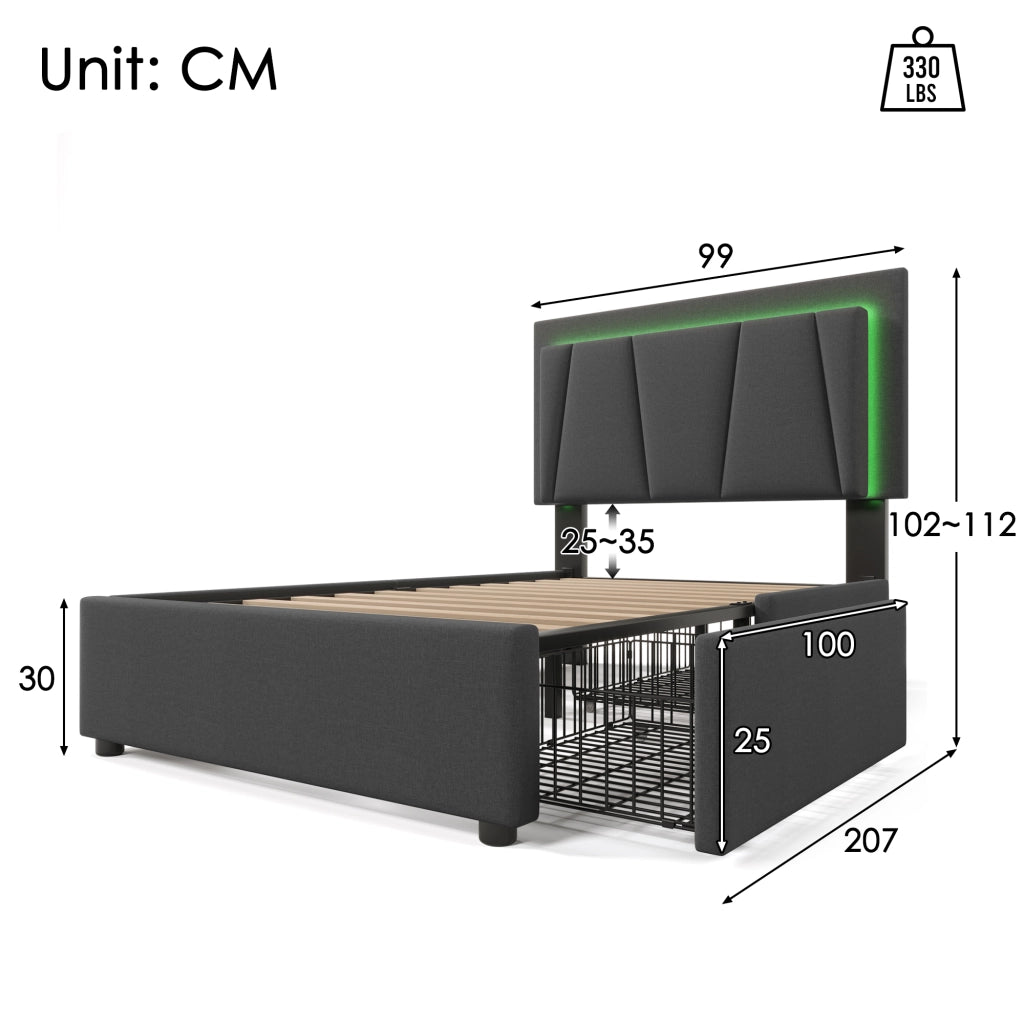 LETTO singolo 90x200 cm grigio con testiera regolabile, LED e 2 cassetti