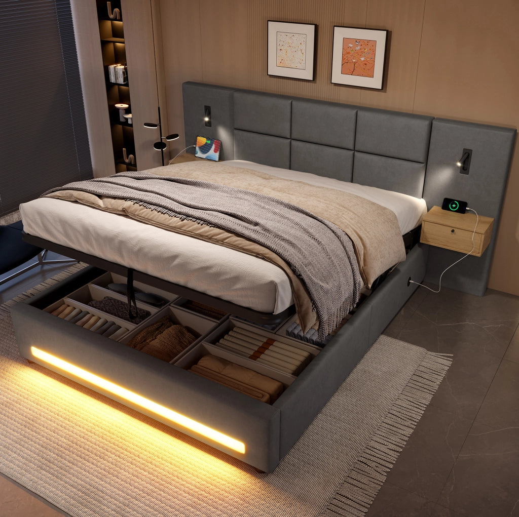 Letto 180x200 cm in velluto grigio scuro con LED e USB-C