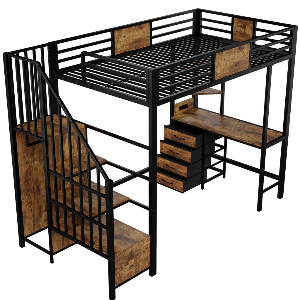 Letto a soppalco 90x200 cm in metallo e MDF con scrivania; ripiani; LED e presa; nero