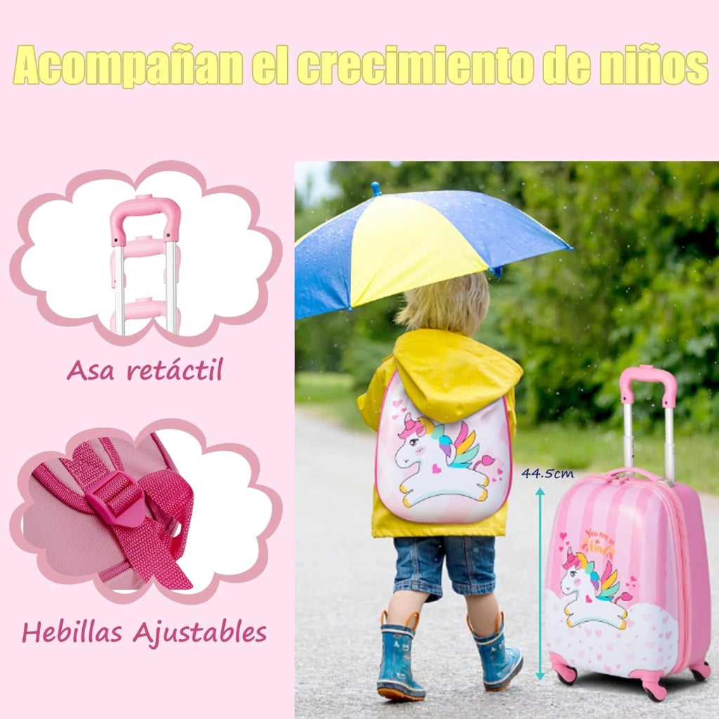 Set di Valigia 16’’ + Zaino 12’’ per Bambini 2 Pezzi, Bagagli 2-in-1 con Zainetto da Viaggio Aereo, Trolley con Maniglia Telescopica e 4 Ruote a 360° (Rosa Unicorno-A)