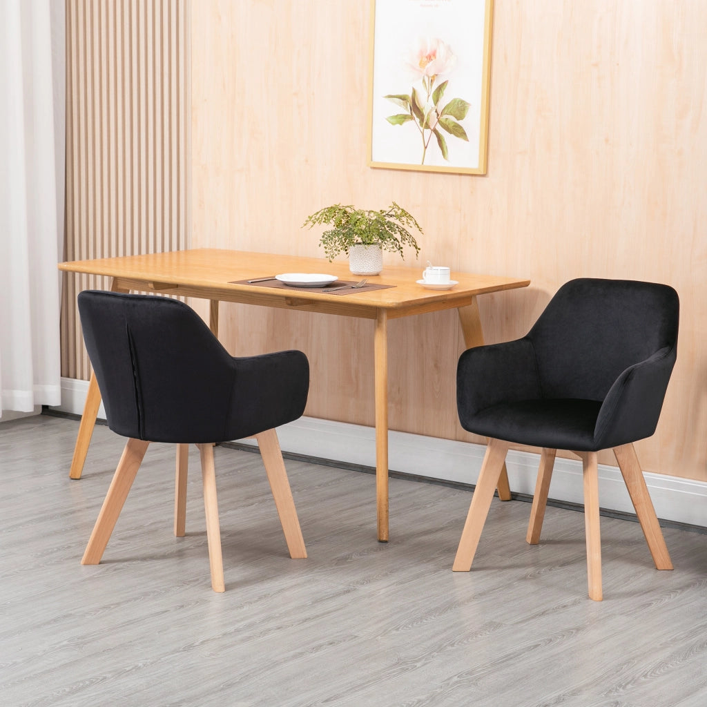 Set di 2 sedie da pranzo ergonomiche in poliestere nero, con braccioli allungati e gambe in legno, 54x57x80 cm