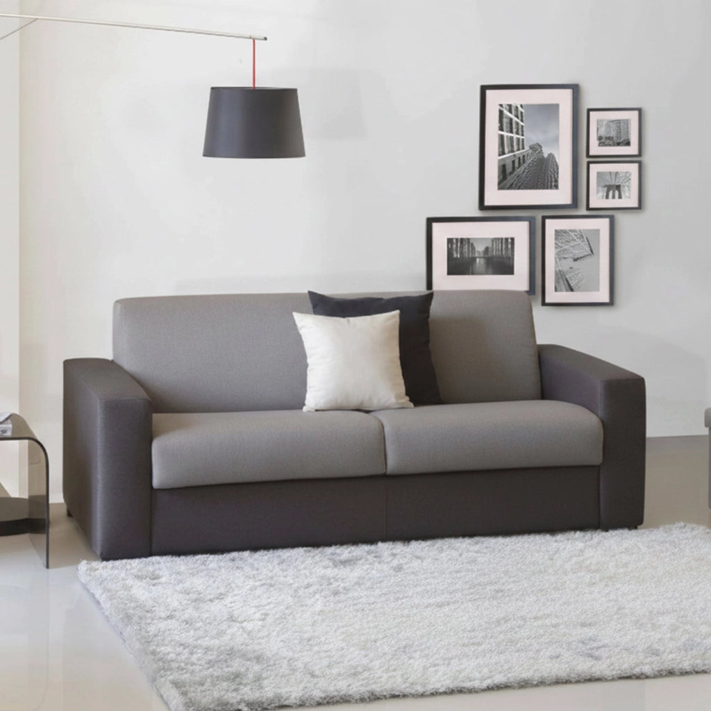 Divano Letto Zinnia, Divano a 3 posti, Made in Italy, SofÒ  Soggiorno con apertura girevole, in tessuto imbottito, con Braccioli slim, cm 200x95h90, Grigio e Antracite