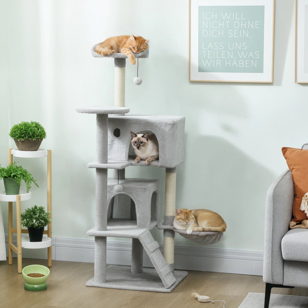 Albero Tiragraffi per Gatti Alto 140 cm con 2 Casette Amaca Lettino e Pali in Sisal Grigio