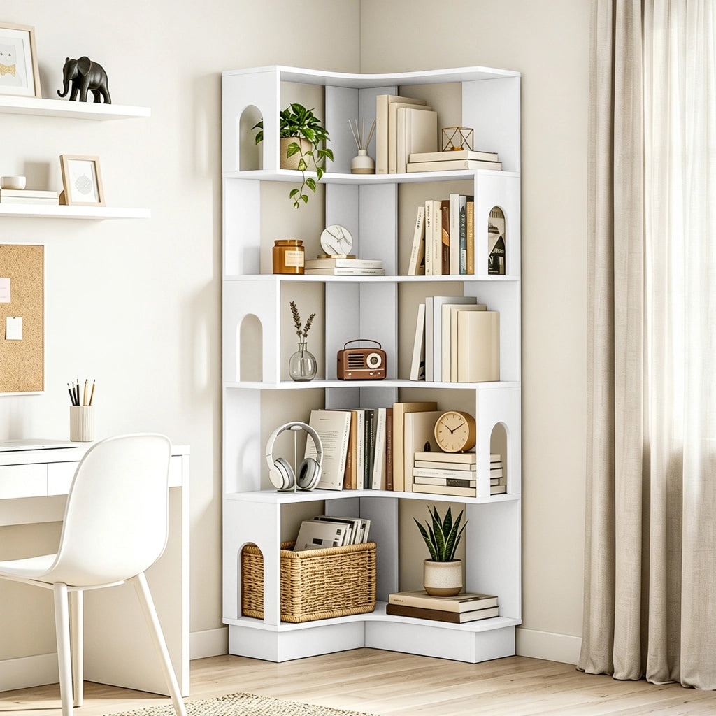 Libreria angolare a 6 ripiani con pannelli laterali arcuati ¨C Xylo ¨C Bianco 60x60x165,5 cm