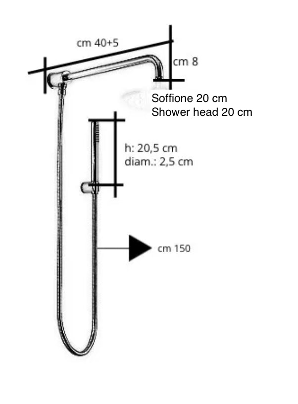 Kit doccia Deviatore con Doccetta,Soffione Metallo diametro 20