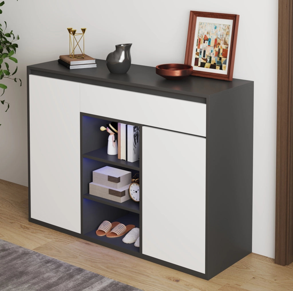 Scarpiera a 2 ante con cassetto e LED; bianco e nero; 105x39;5x86 cm