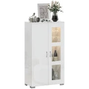 Credenza con LED RGB 16 colori e telecomando, alta lucidità, porte in vetro, ripiani in vetro, 71x35x126cm, bianco